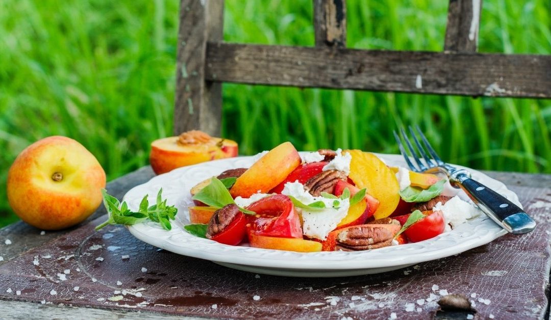 Avocado Peach Salad with Caramelized Pecans and Goats Cheese