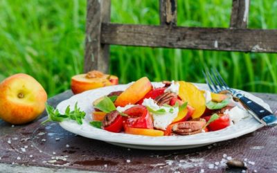 Avocado Peach Salad with Caramelized Pecans and Goats Cheese